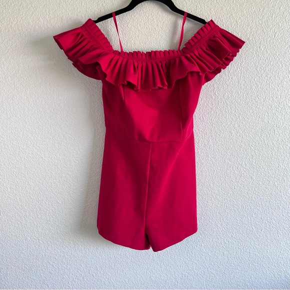 Urban Outfitters Red Off Shoulder Ruffle Romper - Picture 2 of 12